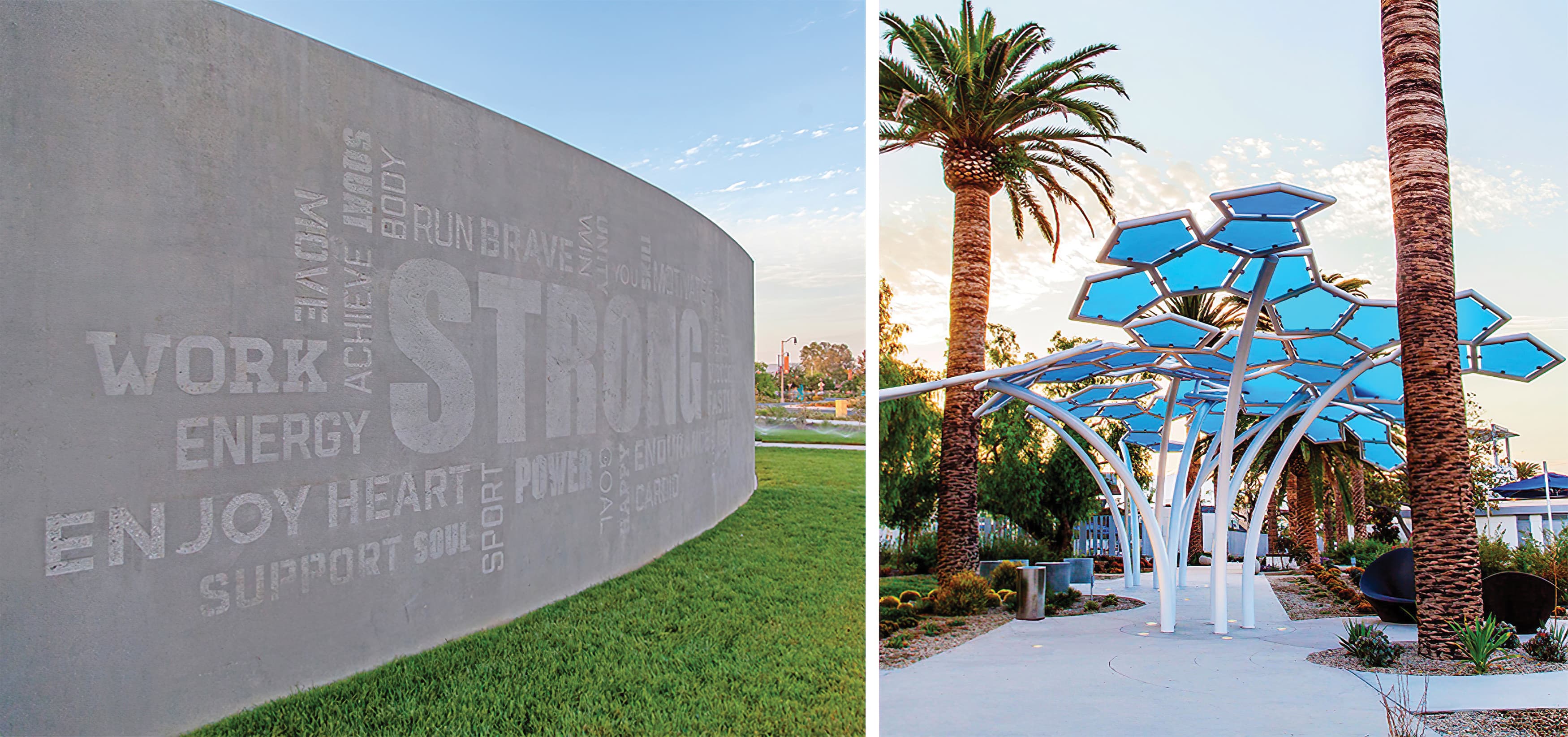 The Pools, a residential community park in Irvine, California. RSM Design prepared identity signage and regulatory signage. Sculptural Design. Park Design.