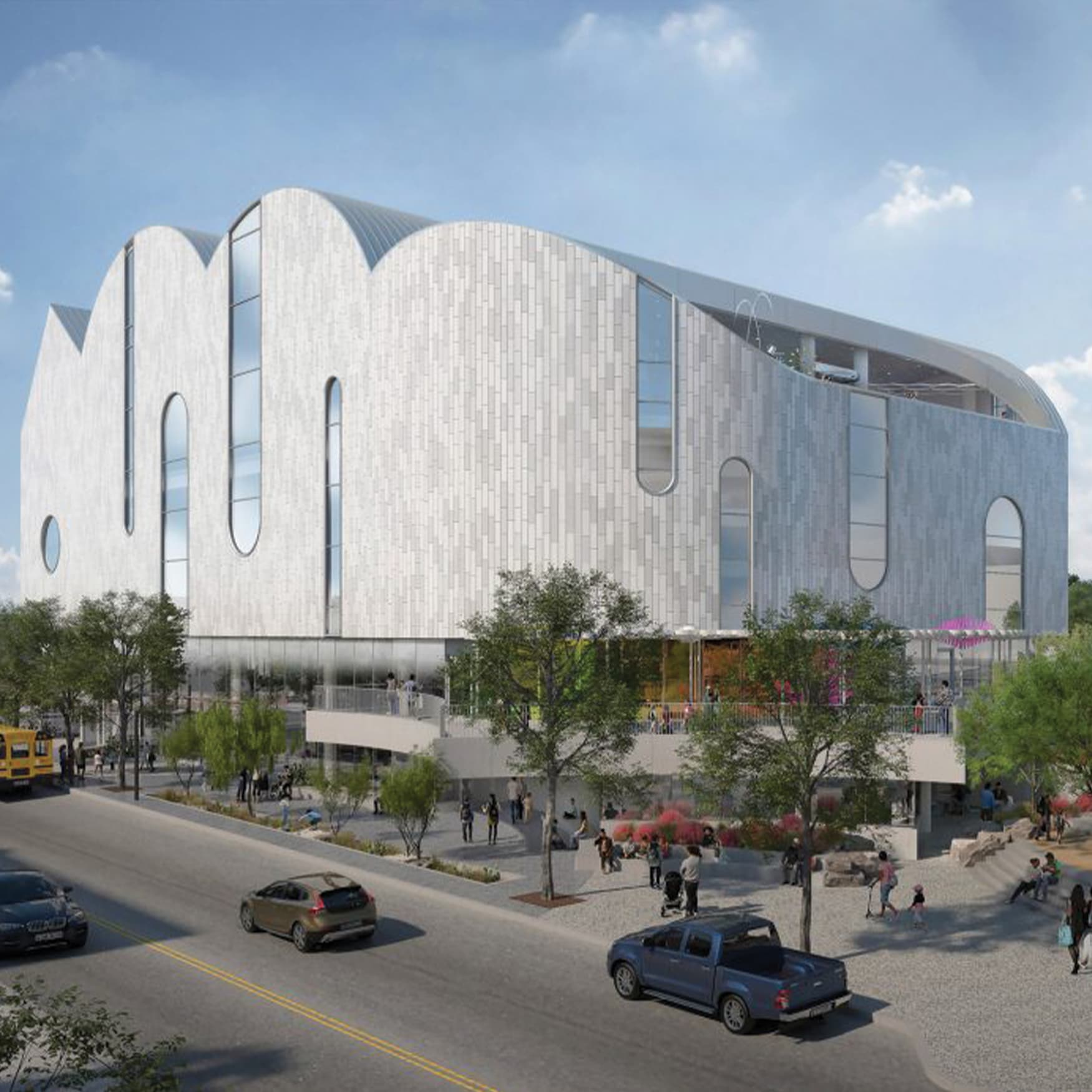 Exterior view of modern architecture of The El Paso Children's Museum in Texas.