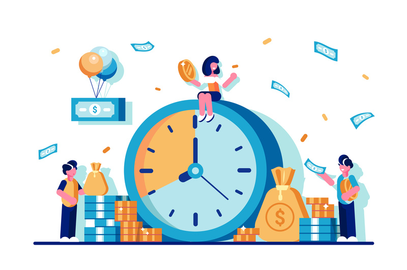 Time is money banknote coin save money time banking financial success business organization deadline clock team people flat business people vector character design illustration