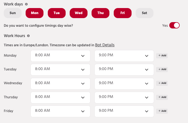Schedule different live chat working hours depending on the day