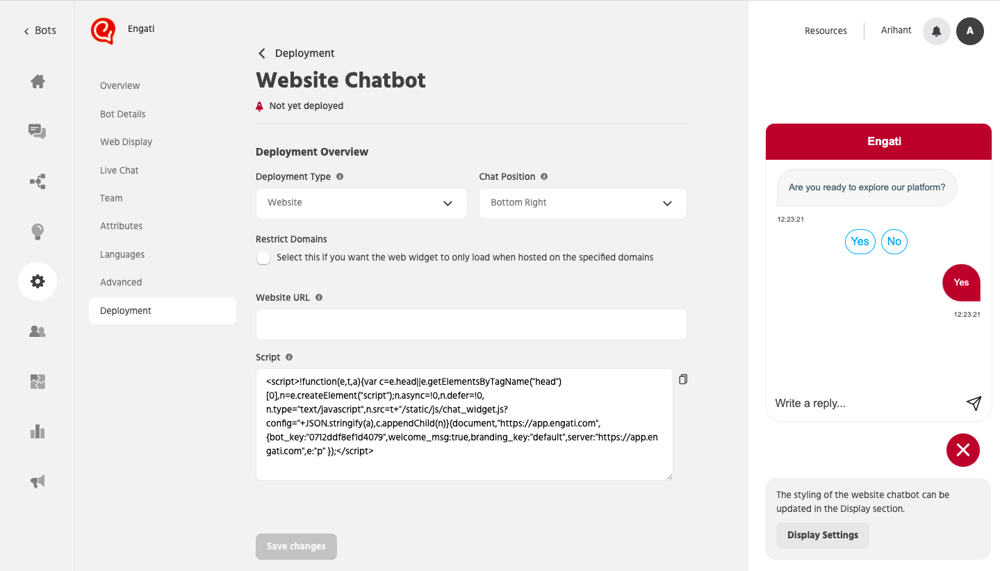 Deploy a chatbot widget on your website