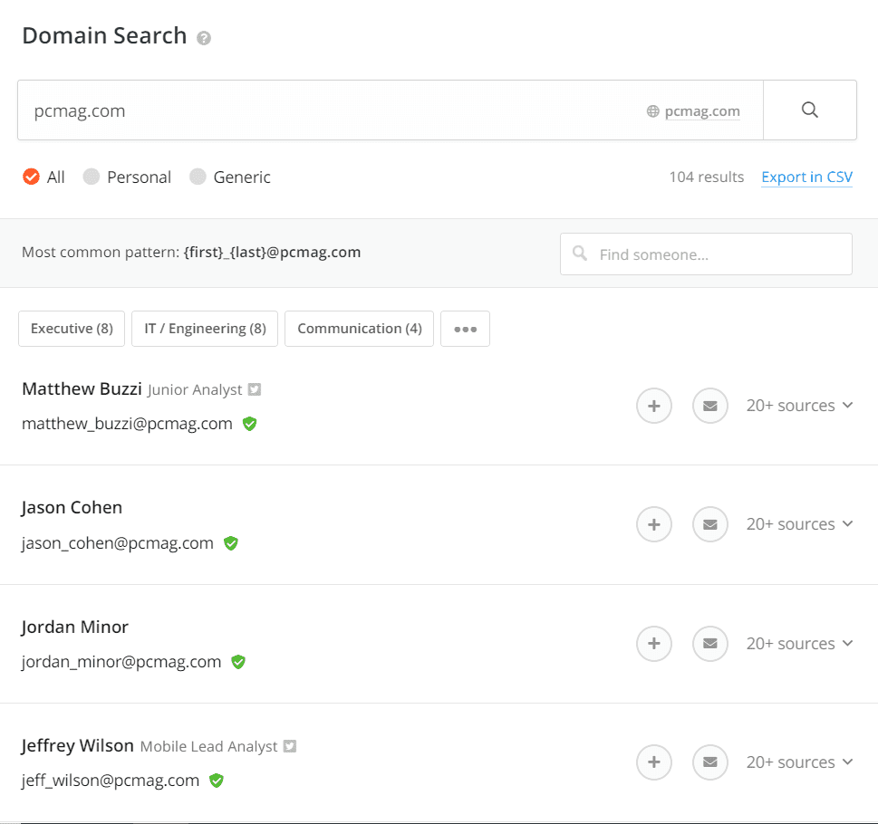 Recherche de domaines sur Hunter.io