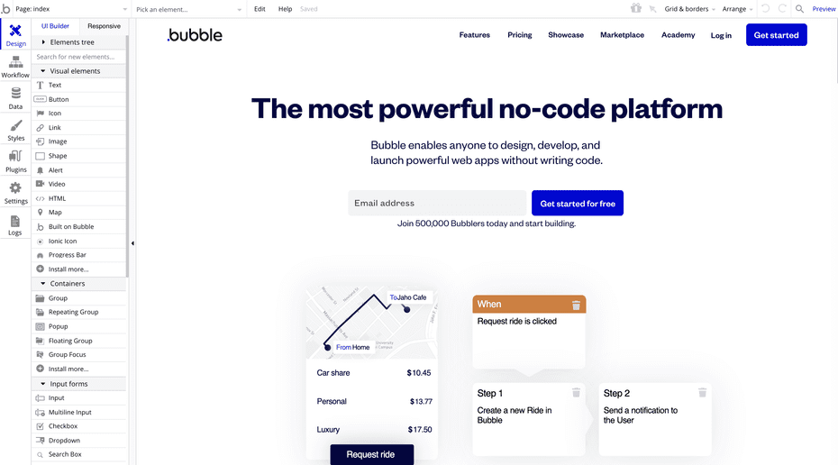 Interface de création de projet sur Bubble io