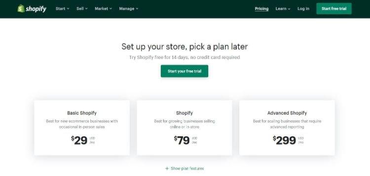 shopify pricing