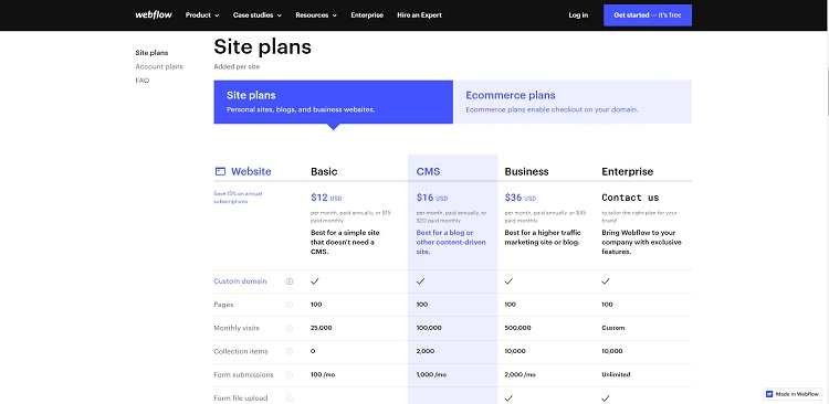 Webflow Pricing Page
