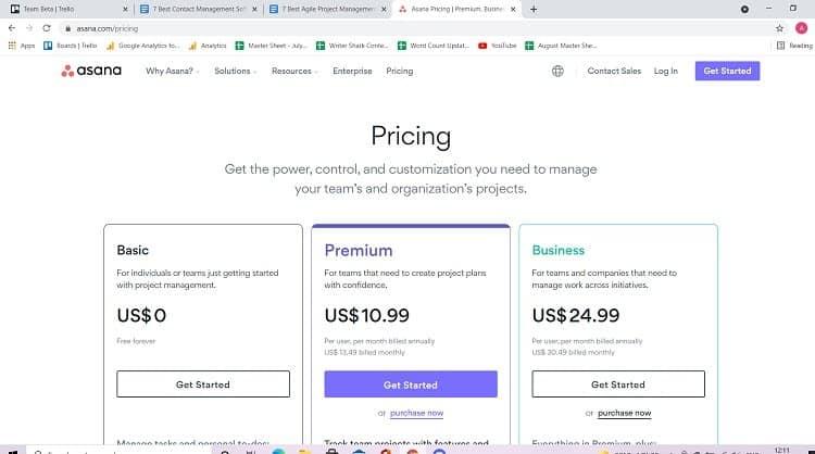 Asana Pricing Page