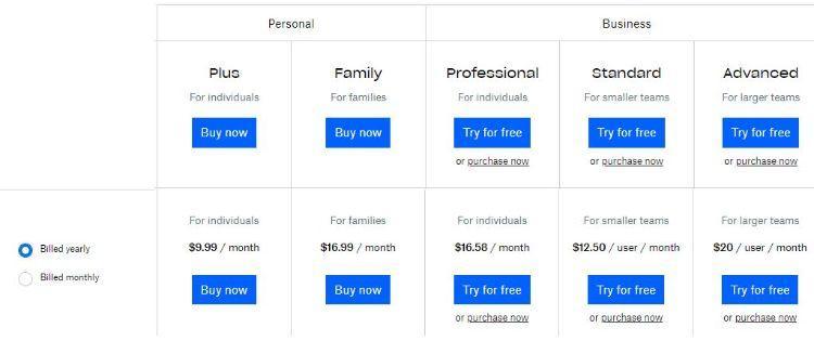 dropbox pricing