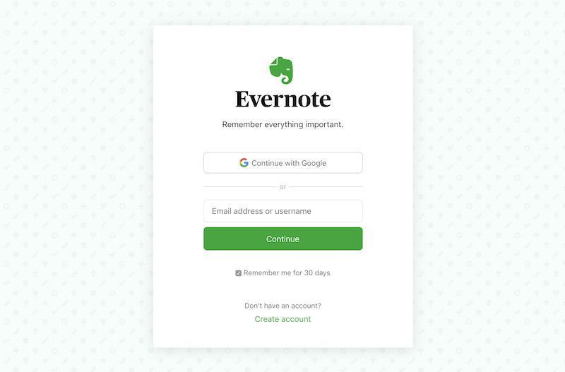 Evernote Login Page