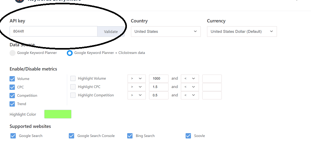Keywords Everywhere Settings
