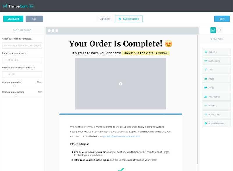 Order complete page