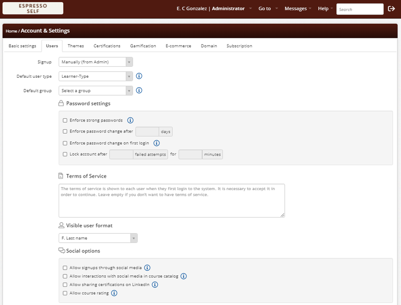 Account settings under the User tab of admin dashboard.