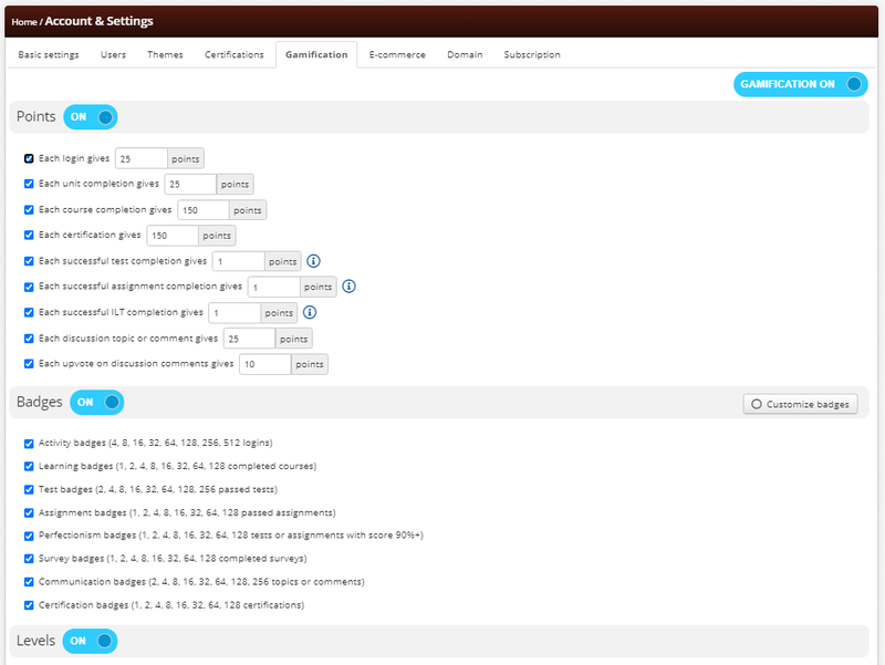 The gamification tab with checkboxes for badges, points, and levels.