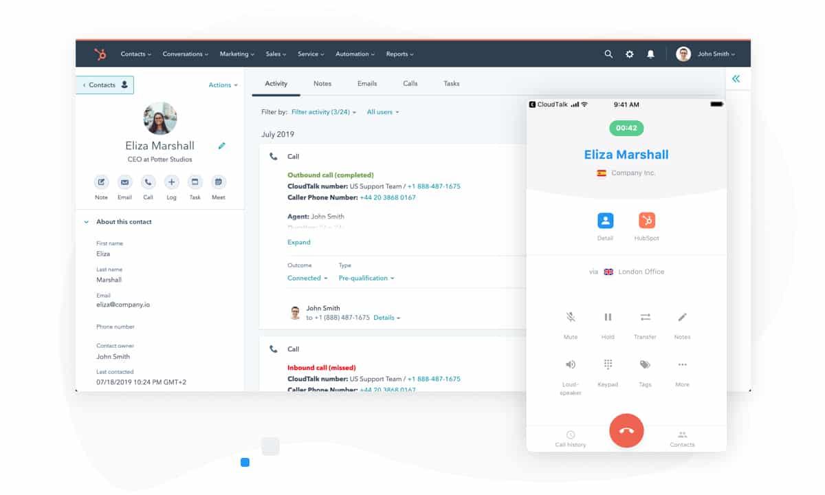 HubSpot app integrates with CloudTalk dial pad.