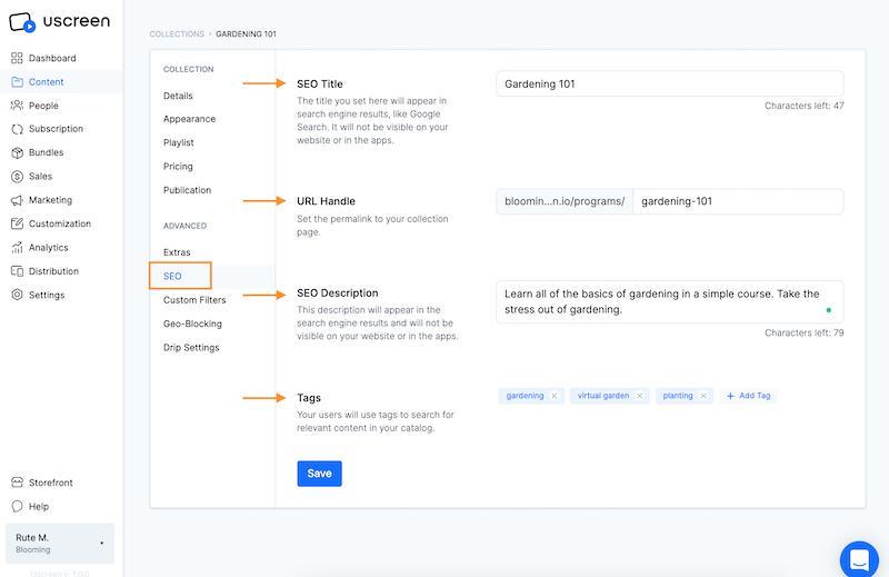 Uscreen SEO settings