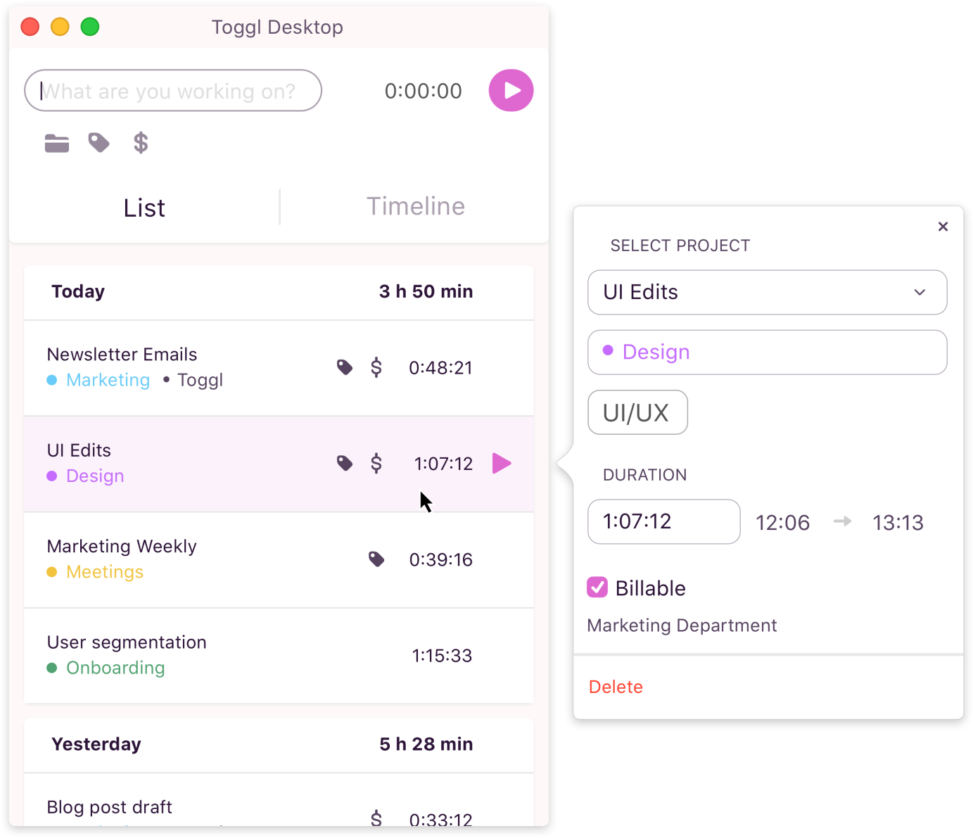 Toggl Track Mac timer