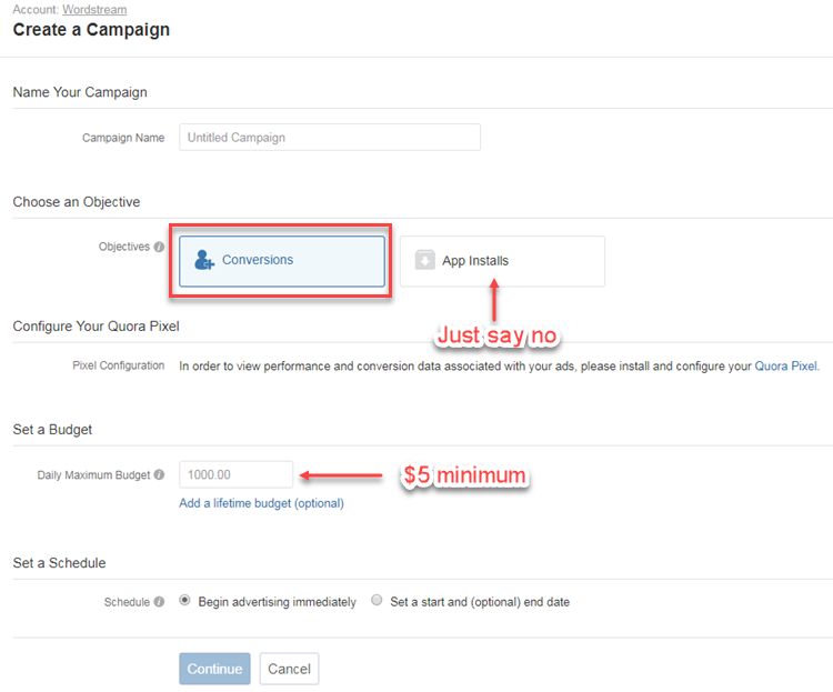 quora ads campaign creation