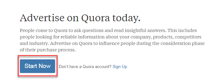 quora ads start now button