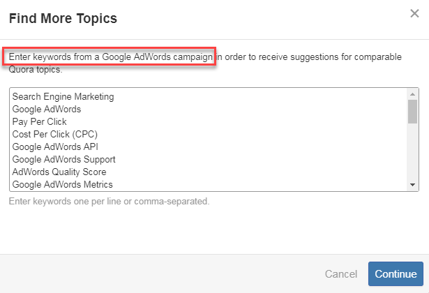 quora ads find more targeting topics