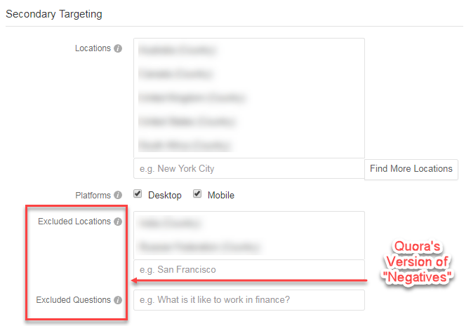 excluding locations in quora ads