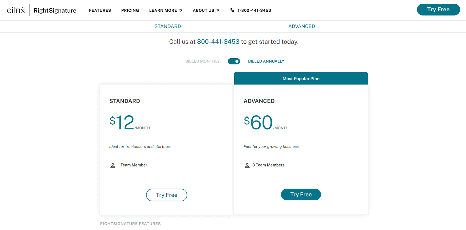 RightSignature Pricing Page