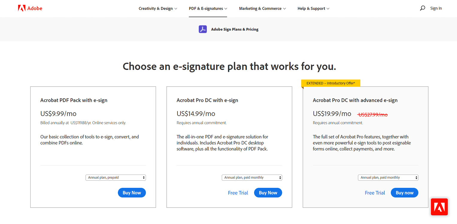 Adobe Sign Pricing Page