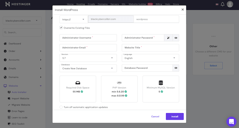 WordPress one-click installation form in Hostinger