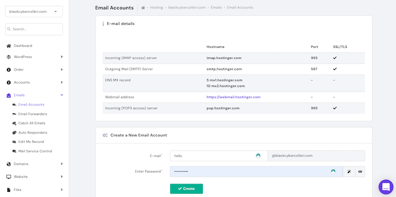 Email account creation in Hostinger control panel