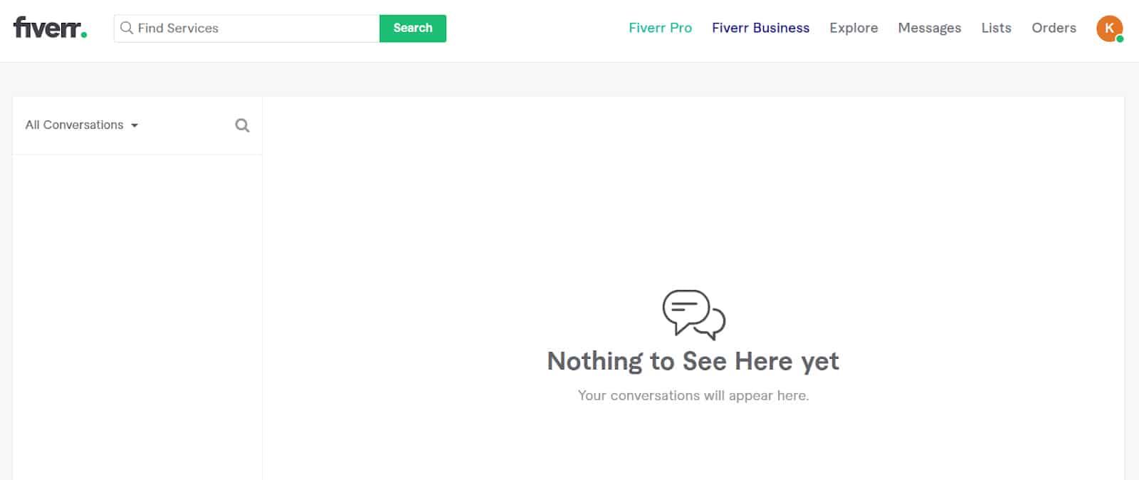 Fiverr sample empty inbox.