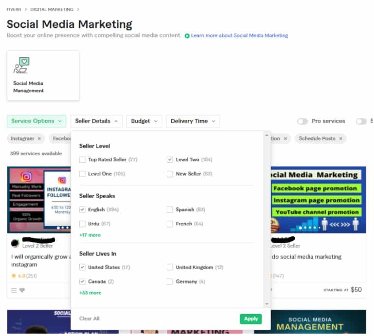 Fiverr search filter.