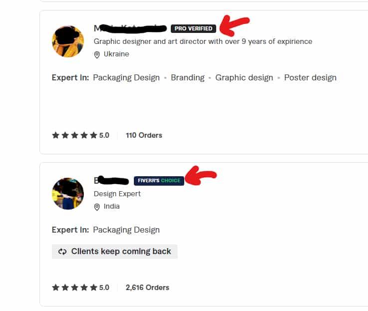 Fiverr best-performing Sellers example.