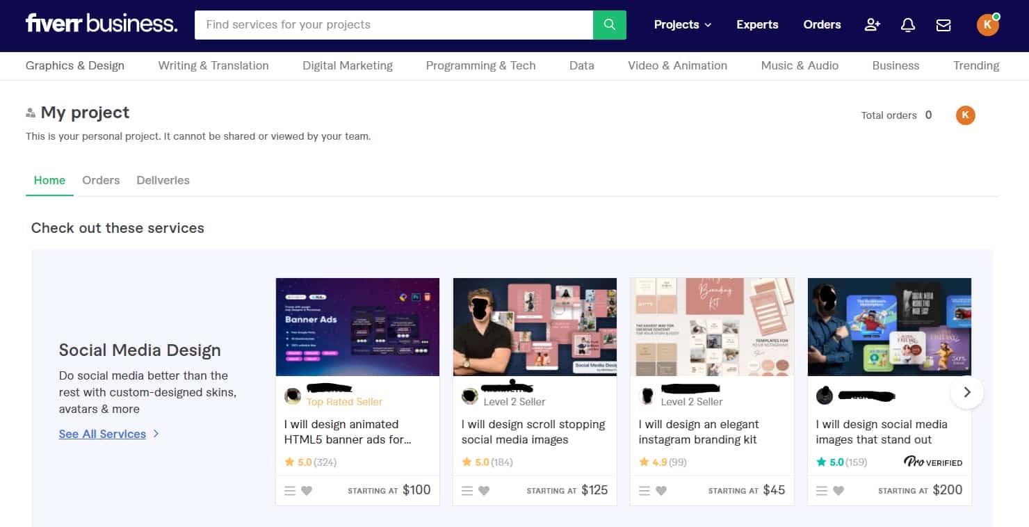 Fiverr MyProject page.