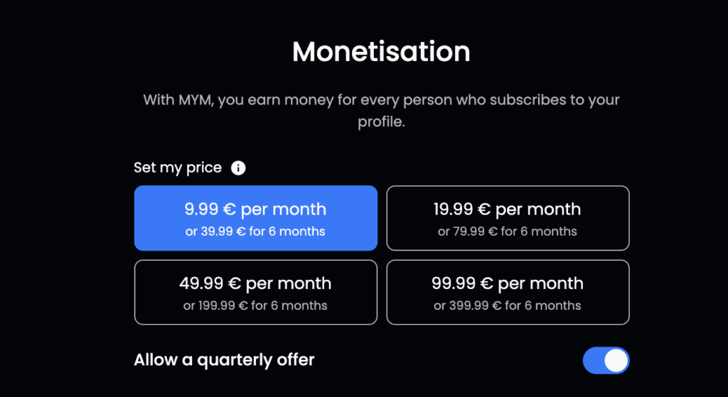 Monétisation et abonnements sur MYM