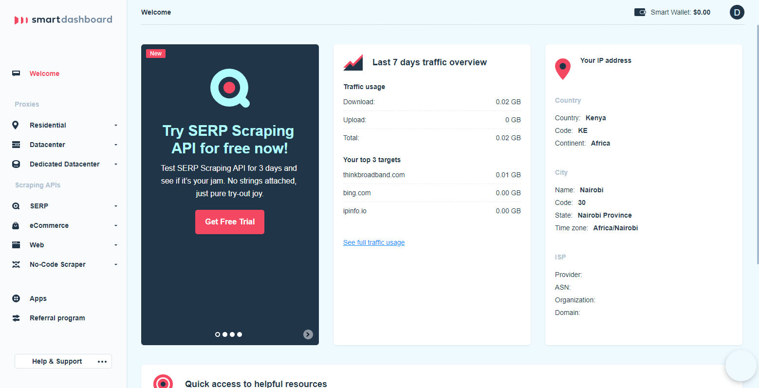 Smartproxy user dashboard