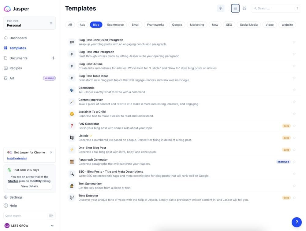 Modèles pour Blog de Jasper AI