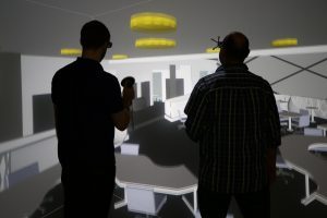 The main VR laboratory houses one of Virtalis’ ActiveWall and Floor stereoscopic 3D display systems. It uses Christie Boxer 4K projection with ART optical tracking and Virtalis’ Visionary Render software.