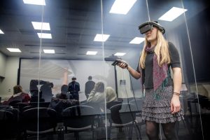 The VR Auditorium is divided from the HMD Suite by an electrostatic glass wall that can be made opaque at the flick of a button.
