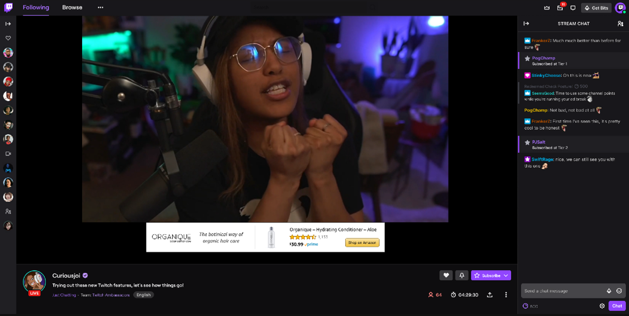Amazon Sponsored Display ads serve on Twitch channels, during a creator's livestream