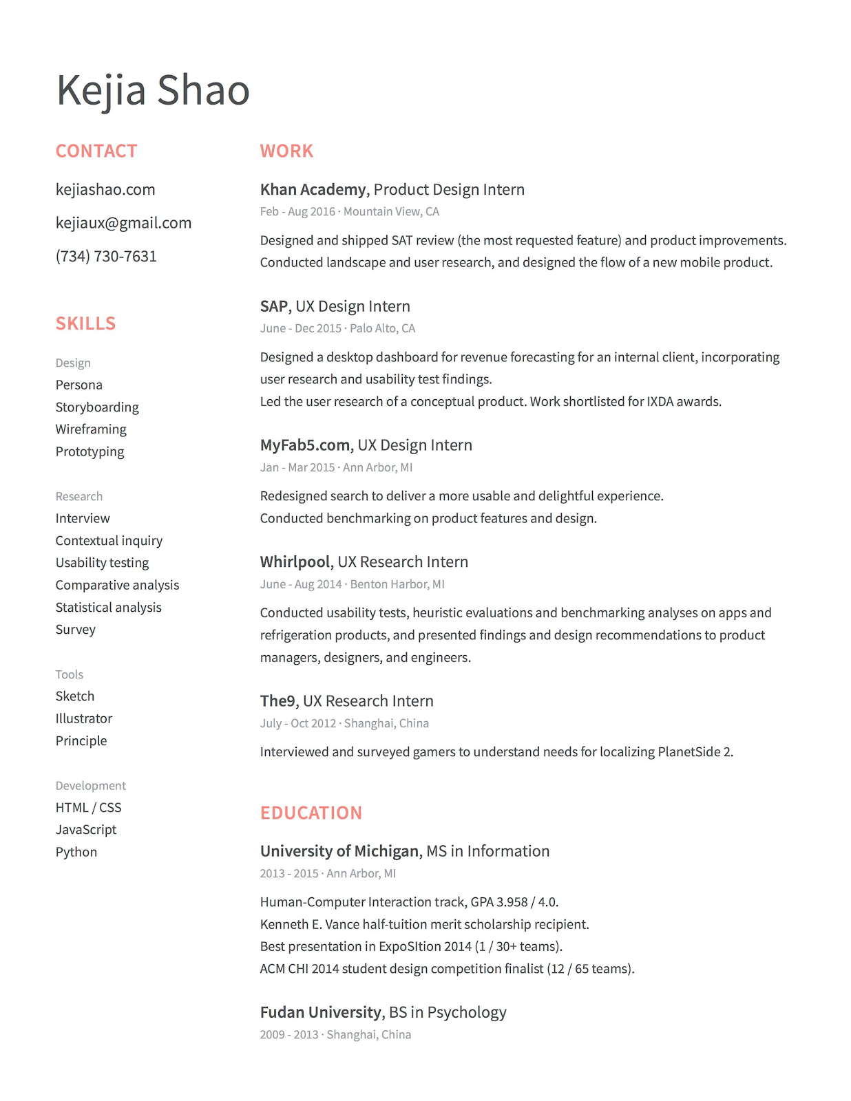 simple design of resume for product designer