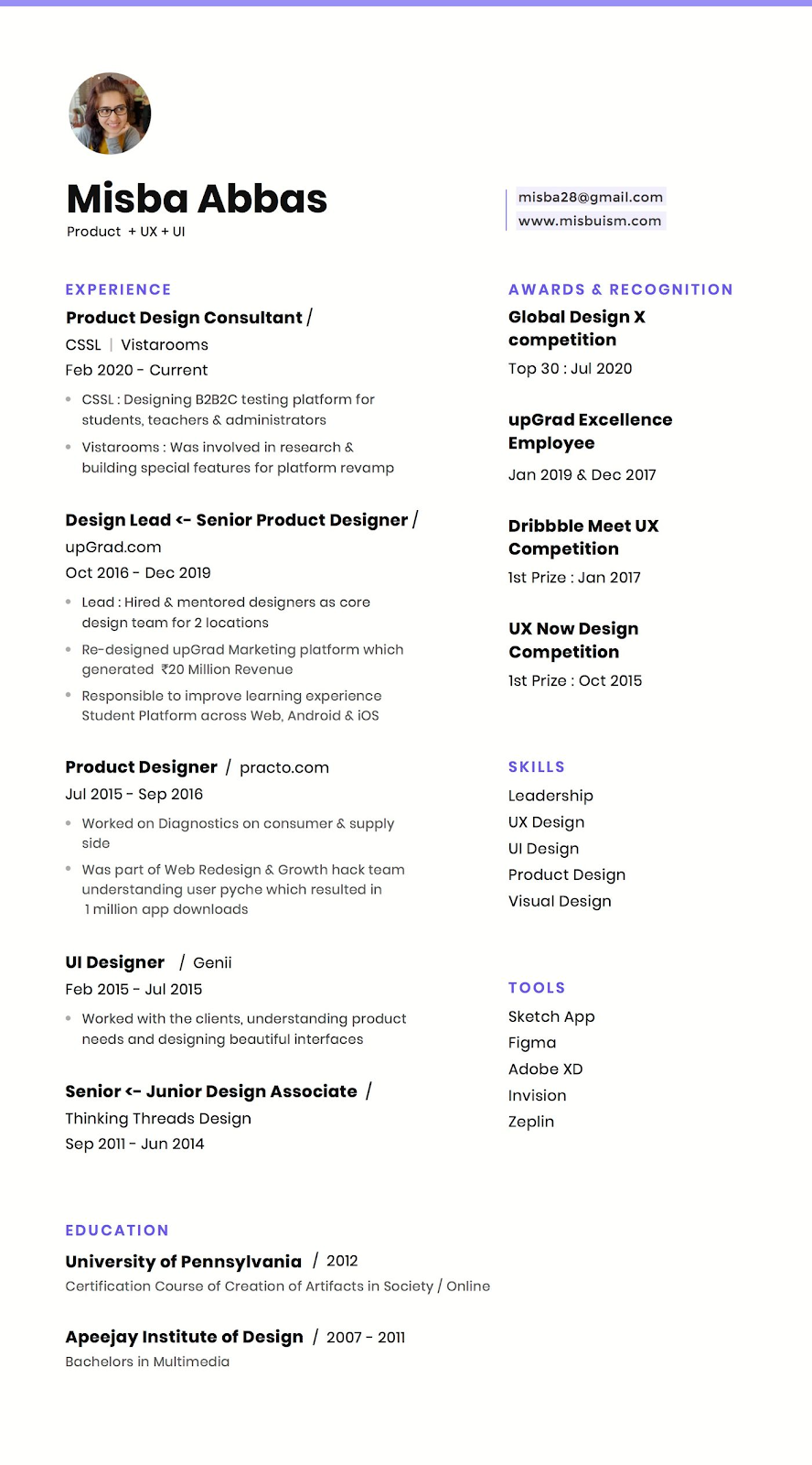 product designer resume with skills and tools