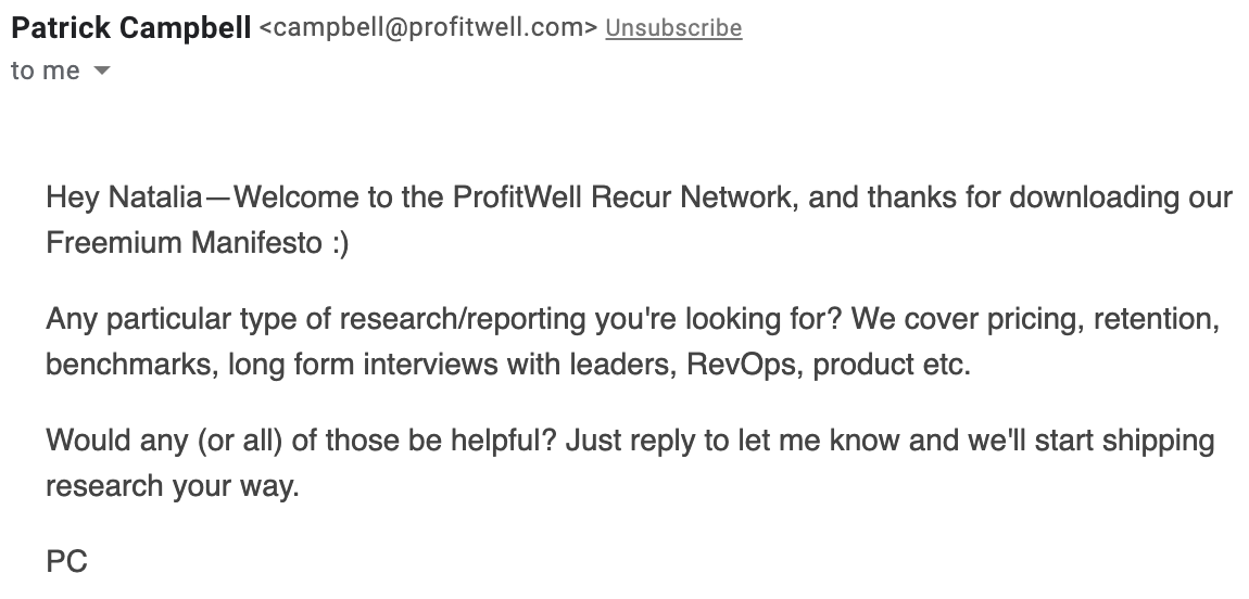 profitwell marketing email triggered by an automatically set event