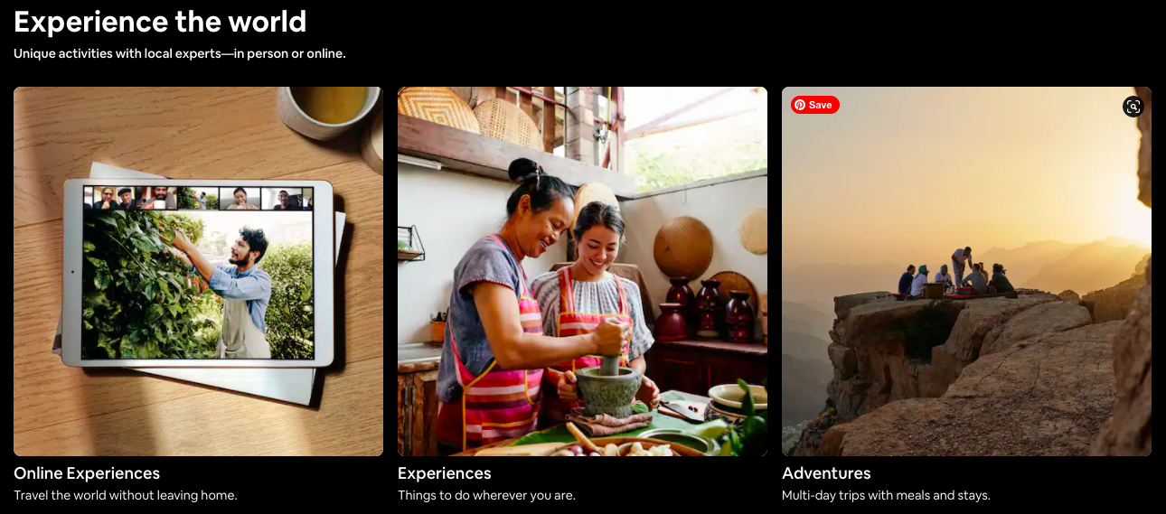 Airbnb value proposition. Experience the world. Unique activities with local experts - in person or online.