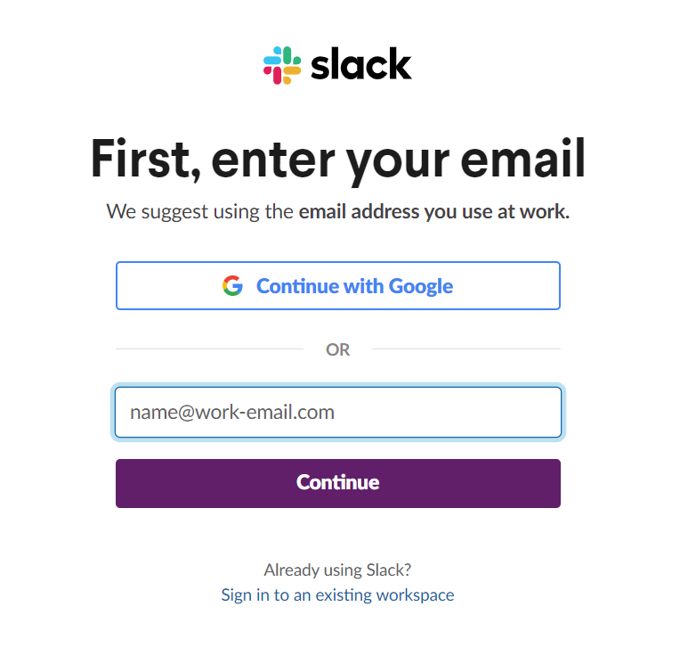 Slack sign-up process