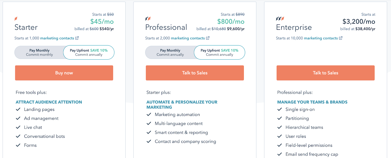 Hubspot pricing plans - Starter, Professional, Enterprise