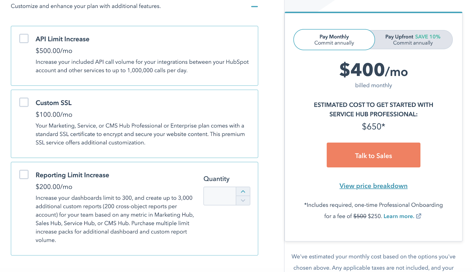Hubspot add-on offering custom report for extra $400/month