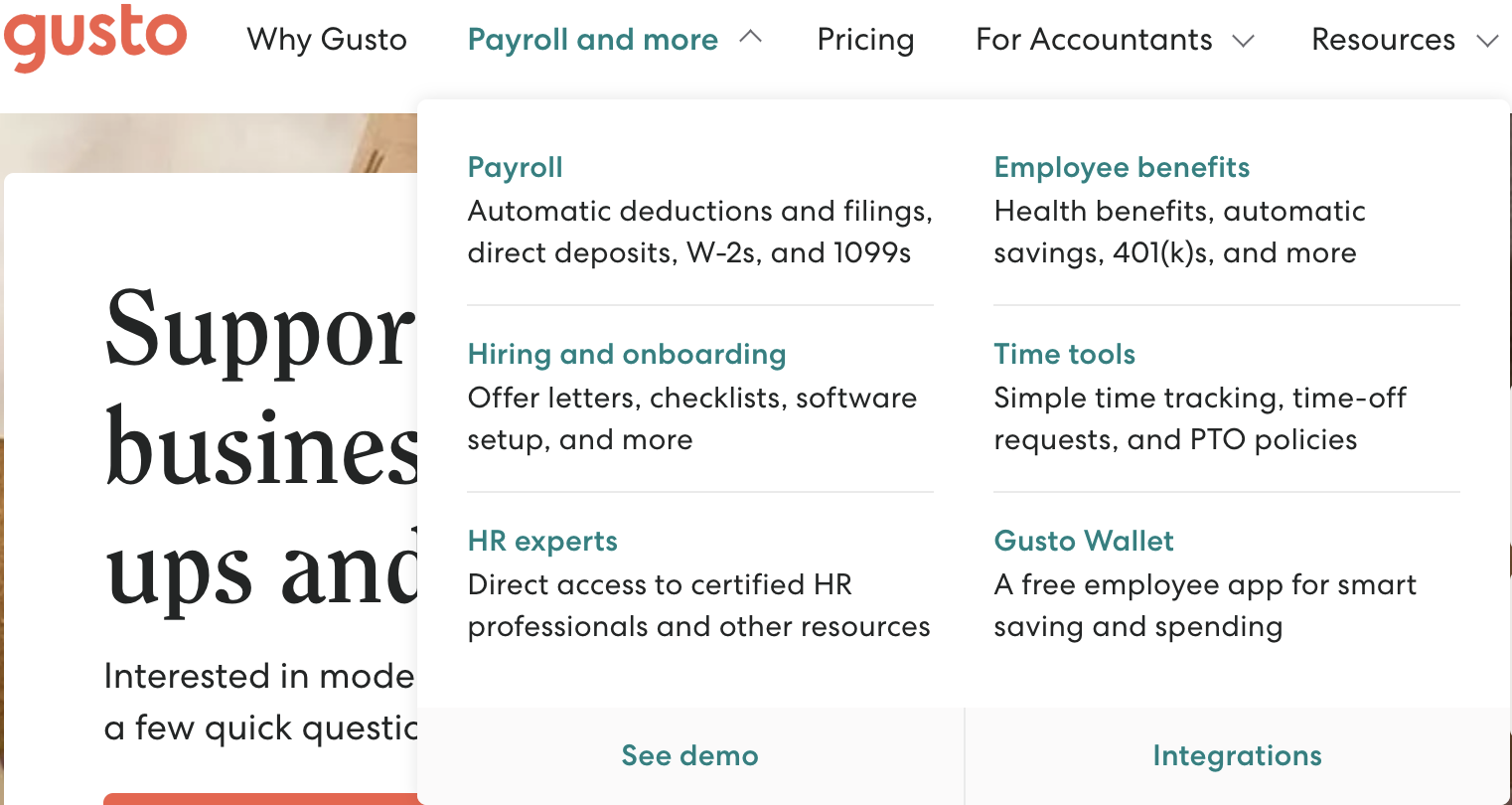 an image of Gusto, an HR management software, landing page