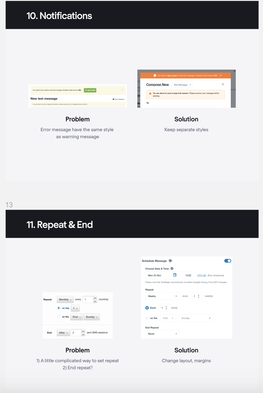 a UX audit's piece of example - recommendations to change design for notifications window