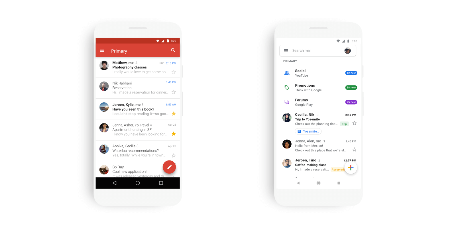 Gmail before and after the redesign 2015