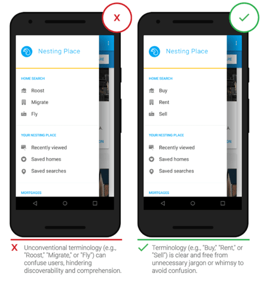 The image displays two mobile screens with some app opened. On one of them, categories are named in a more understandable manner than on another one