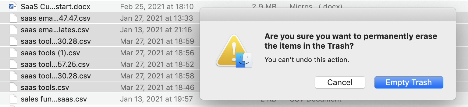 Apple's MacOS notification asking if you want to permanently erase the items in the Trashs