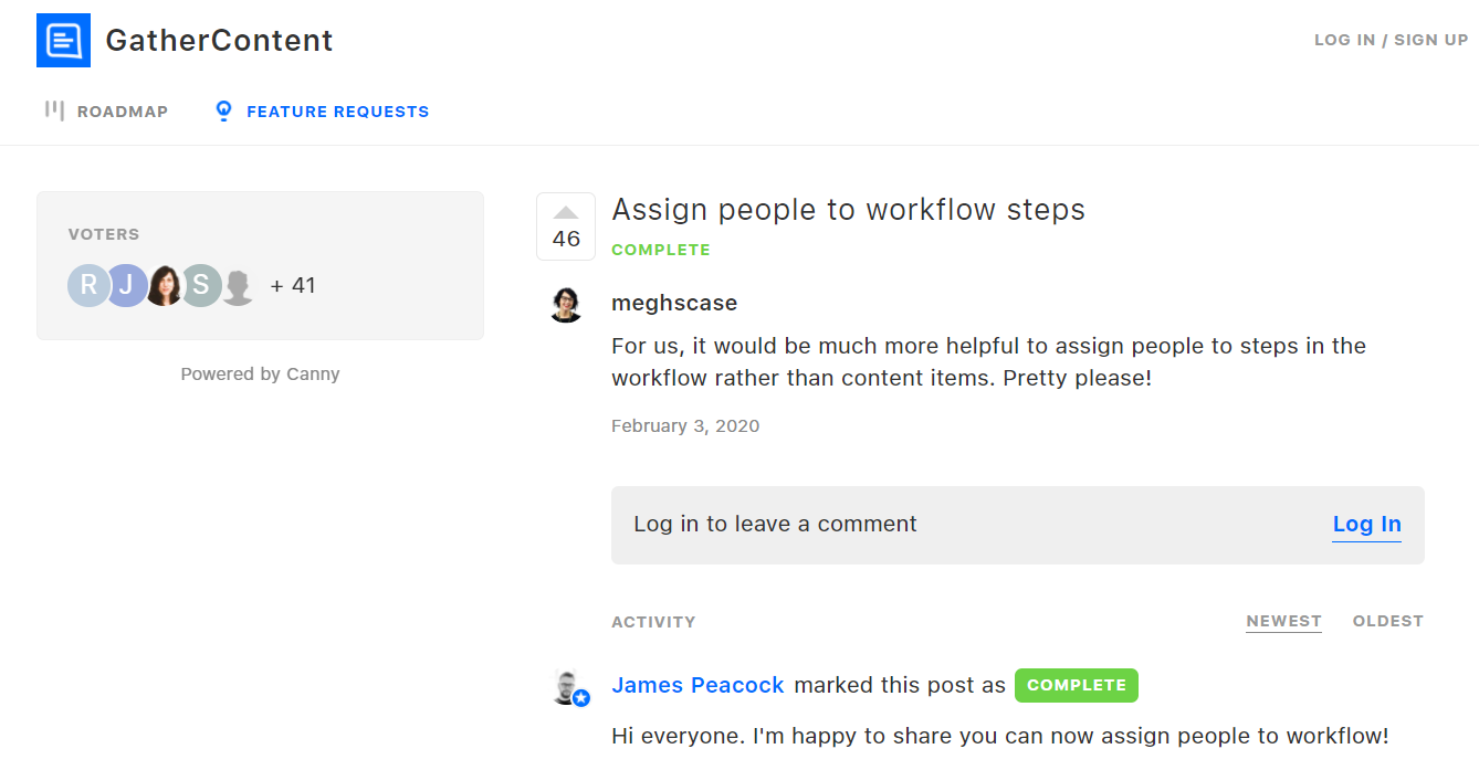 That’s how GatherContent’s feature request platform lools like